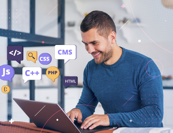 full stack web developer working on laptop with CMS and programming language icons