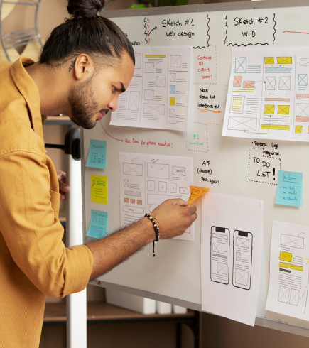 planning and strategy session with web designer reviewing wireframes and website layout ideas